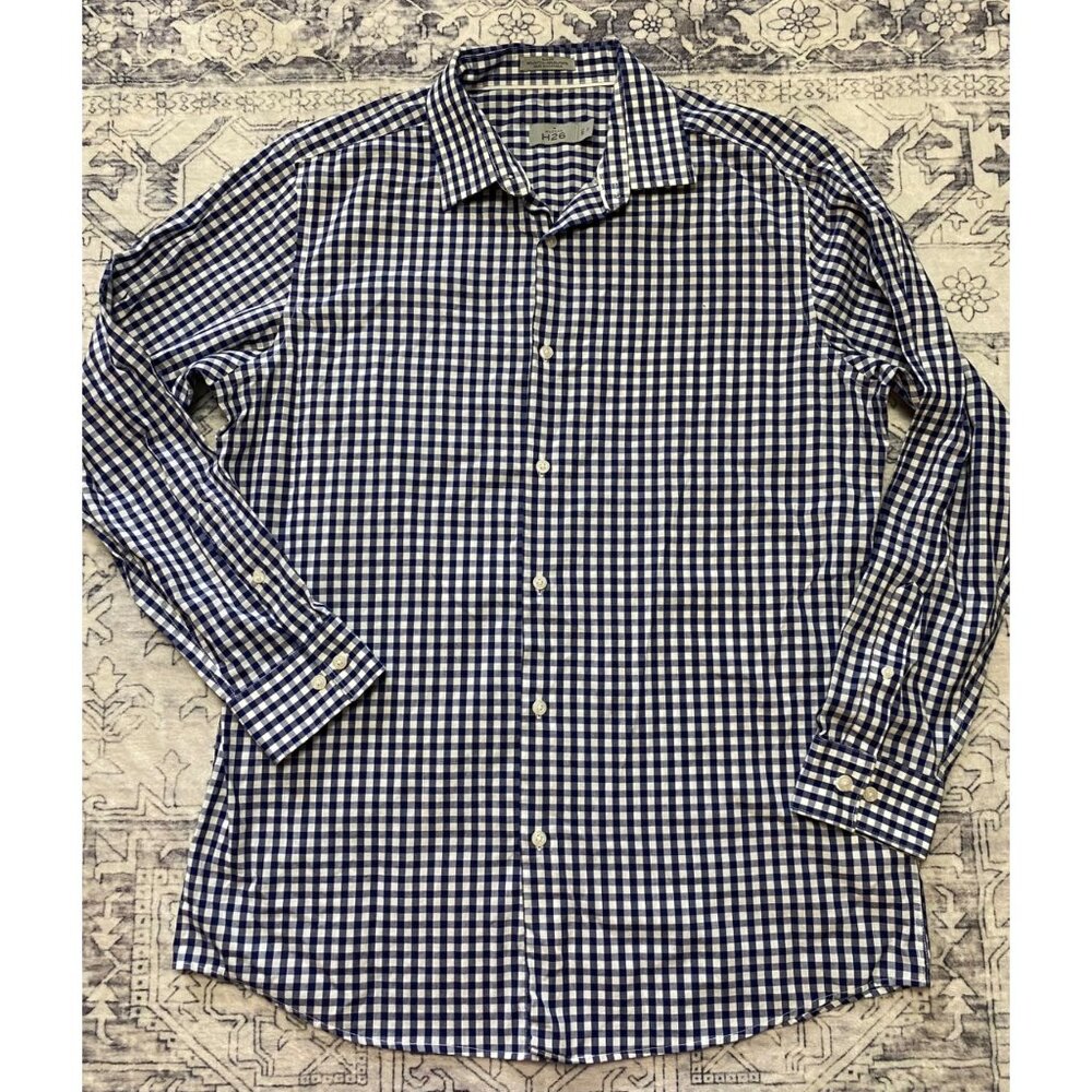 Haggar H26 Slim Fit Blue Gingham Long Sleeve Button-Down‎ Shirt 16.5/35 Mens